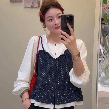 FA45342# 韩系波点吊带假两件衬衫女早秋季新款小众设计感撞色拼接长袖上衣 服裝批發女裝批發服飾貨源