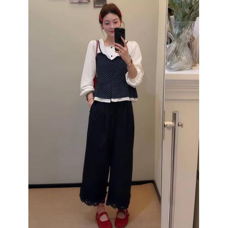 FA45342# 韩系波点吊带假两件衬衫女早秋季新款小众设计感撞色拼接长袖上衣 服裝批發女裝批發服飾貨源