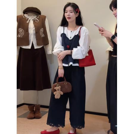 FA45342# 韩系波点吊带假两件衬衫女早秋季新款小众设计感撞色拼接长袖上衣 服裝批發女裝批發服飾貨源