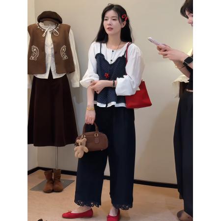 FA45342# 韩系波点吊带假两件衬衫女早秋季新款小众设计感撞色拼接长袖上衣 服裝批發女裝批發服飾貨源