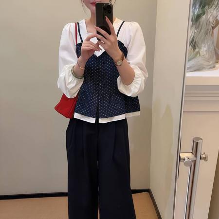 FA45342# 韩系波点吊带假两件衬衫女早秋季新款小众设计感撞色拼接长袖上衣 服裝批發女裝批發服飾貨源