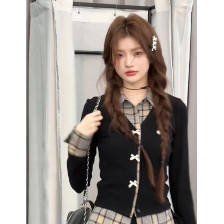 FA45343# 花铃尤美秋冬季新款格子拼接假两件T恤上衣撞色学院风长袖衬衫女 服裝批發女裝批發服飾貨源