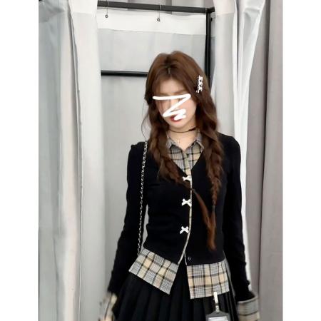 FA45343# 花铃尤美秋冬季新款格子拼接假两件T恤上衣撞色学院风长袖衬衫女 服裝批發女裝批發服飾貨源