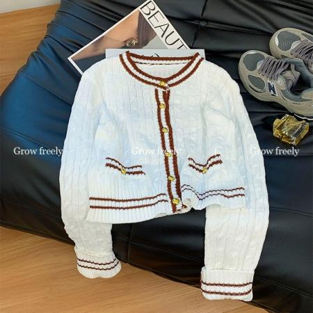 FA45345# 小香风软糯麻花针织开衫女秋冬新款高级感金扣毛衣设计 服裝批發女裝批發服飾貨源