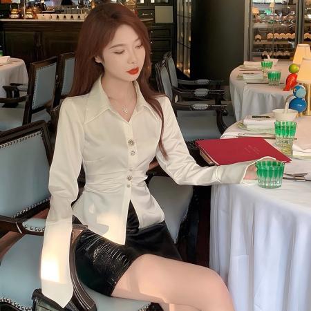 FA45346# 小众腔调秋冬高级不规则法式柔光缎面收腰长袖衬衫女 服裝批發女裝批發服飾貨源