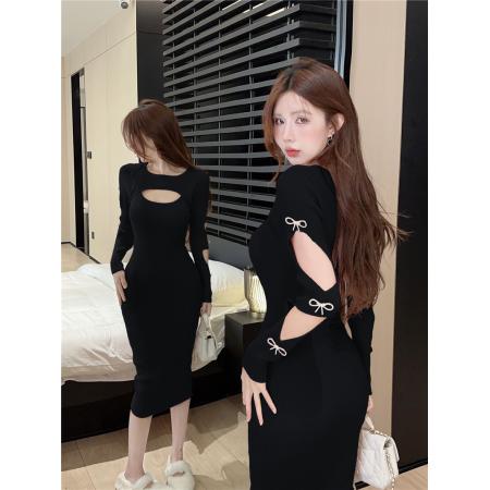 FA45347# 韩版秋款纯欲风圆领别致镂空修身显瘦性感包臀针织连衣裙 服裝批發女裝批發服飾貨源