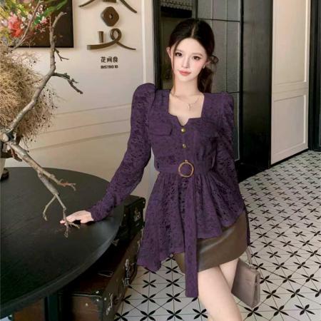 FA45348# 春秋淑女方领不规则拼接修身泡泡袖配腰带气质单排扣套头衬衣 服裝批發女裝批發服飾貨源