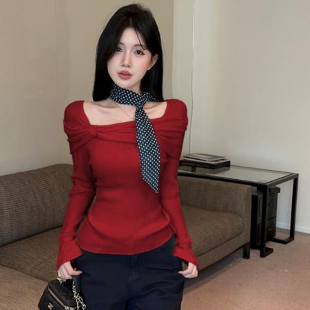 FA45350# 新款丝巾波点蝴蝶结长袖针织衫打底上衣 服裝批發女裝批發服飾貨源