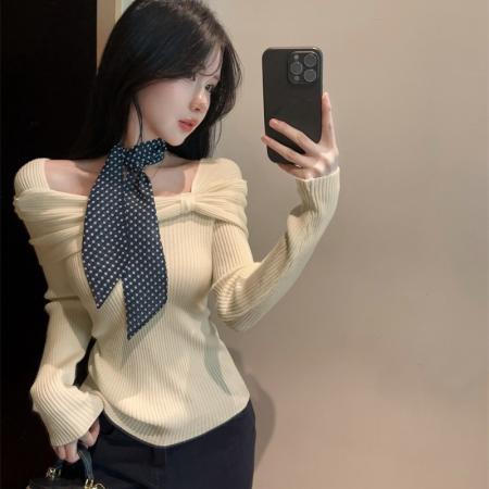 FA45350# 新款丝巾波点蝴蝶结长袖针织衫打底上衣 服裝批發女裝批發服飾貨源