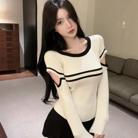 FA45351# 新款撞色圆领镂空长袖针织衫女秋季修身百搭显瘦毛衣 服裝批發女裝批發服飾貨源