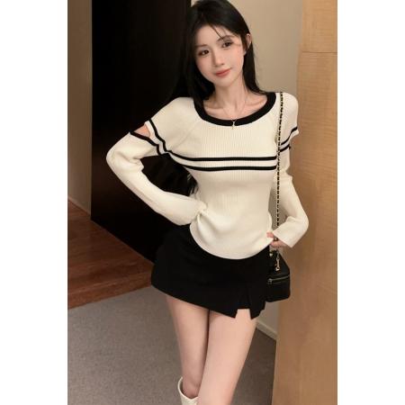 FA45351# 新款撞色圆领镂空长袖针织衫女秋季修身百搭显瘦毛衣 服裝批發女裝批發服飾貨源