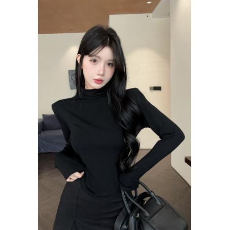 FA45356# 春秋韩版高领超修身打底T恤搭配不规则修身皮马夹辣妹两件套 服裝批發女裝批發服飾貨源