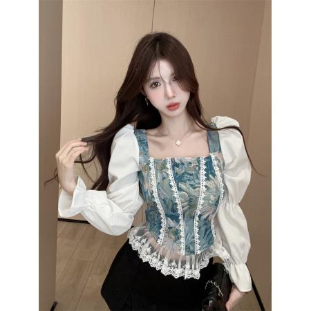 FA45357# 新款方领衬衫法式复古提花甜辣风碎花拼接洋气上衣 服裝批發女裝批發服飾貨源