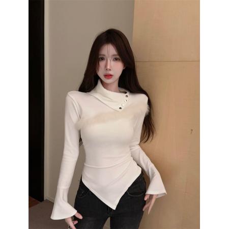 FA45358# 秋冬新款不规则毛毛翻领拼接打底衫修身显瘦磨毛上衣 服裝批發女裝批發服飾貨源