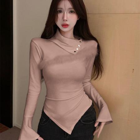 FA45358# 秋冬新款不规则毛毛翻领拼接打底衫修身显瘦磨毛上衣 服裝批發女裝批發服飾貨源