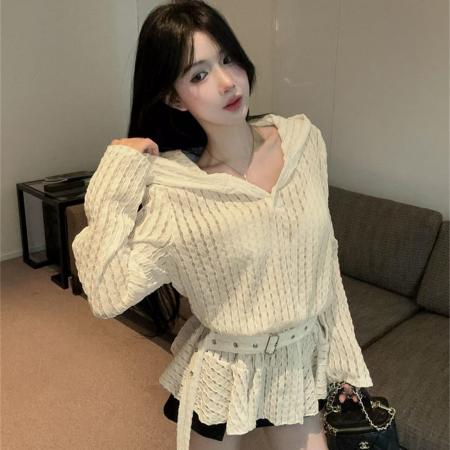 FA45359# 春秋长袖慵懒风V领连帽短裙气质宽松中长款套头辣妹镂空T恤衫 服裝批發女裝批發服飾貨源