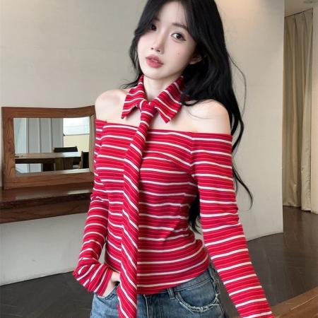 FA45360# 新款一字肩撞色条纹长袖T恤修身设计感纯欲风短款领带上衣 服裝批發女裝批發服飾貨源