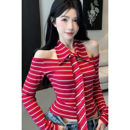 FA45360# 新款一字肩撞色条纹长袖T恤修身设计感纯欲风短款领带上衣 服裝批發女裝批發服飾貨源