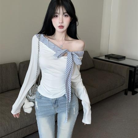 FA45361# 新款设计感蝴蝶结绑带格纹拼接一字肩长袖T恤女 服裝批發女裝批發服飾貨源