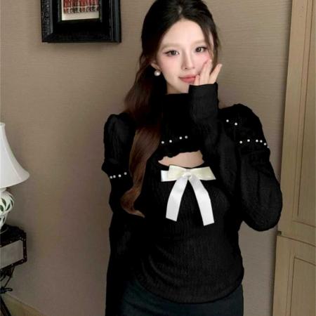 FA45362# 春秋甜美高领拼接钉珠短款修身T恤泡泡袖气质镂空甜美针织衫 服裝批發女裝批發服飾貨源