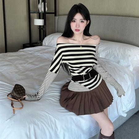 FA45366# 新款设计感条纹斜肩减龄长袖T恤上衣女配腰带 服裝批發女裝批發服飾貨源