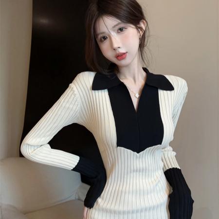 FA45371# 秋冬韩版半开领拼接修身显瘦性感包臀条纹中长款针织连衣裙 服裝批發女裝批發服飾貨源