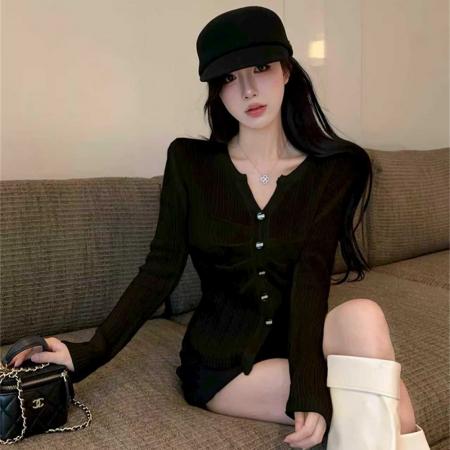 FA45372# 春秋气质V领拼接宽松泡泡袖甜美开衫单排扣抽褶辣妹毛针织衫 服裝批發女裝批發服飾貨源