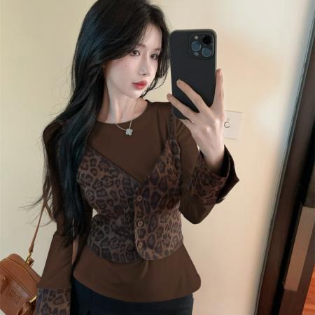 FA45373# 春秋韩版圆领拼接豹纹修身开衫吊带假两件套头甜美长袖T恤 服裝批發女裝批發服飾貨源
