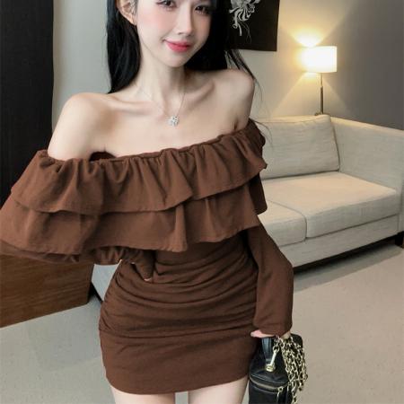 FA45375# 韩版抹胸型长袖一字领露锁骨修身性感包臀荷叶边抽皱连衣裙 服裝批發女裝批發服飾貨源