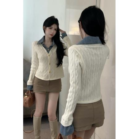 FA45376# 春秋韩版POLO领拼接牛仔假两件修身泡泡袖甜美单排扣毛针织衫 服裝批發女裝批發服飾貨源