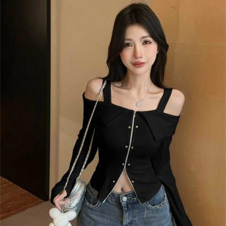 FA45377# 秋季韩版一字肩拼接拉链收腰设计感性感长袖露肩辣妹开衫T恤 服裝批發女裝批發服飾貨源