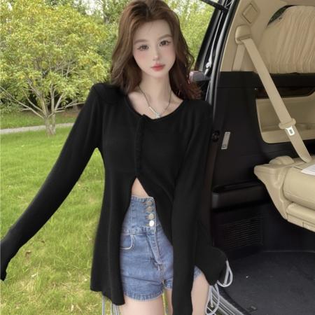 FA45380# 洋气圆领拼接单排扣长袖辣妹慵懒风冰丝针织中长款防晒 服裝批發女裝批發服飾貨源