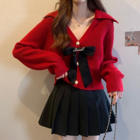 FA45384# 法式蝴蝶结甜美慵懒V领百搭短款针织毛衣开衫搭黑色裙子一整套 服裝批發女裝批發服飾貨源