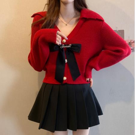 FA45384# 法式蝴蝶结甜美慵懒V领百搭短款针织毛衣开衫搭黑色裙子一整套 服裝批發女裝批發服飾貨源
