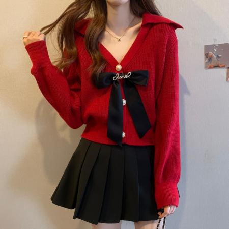 FA45384# 法式蝴蝶结甜美慵懒V领百搭短款针织毛衣开衫搭黑色裙子一整套 服裝批發女裝批發服飾貨源