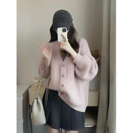 FA45386# 针织衫毛衣女秋冬年新款慵懒风宽松长袖开衫上衣外套+百褶裙套装 服裝批發女裝批發服飾貨源