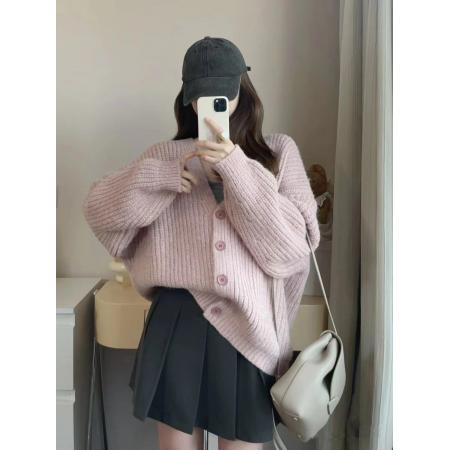 FA45386# 针织衫毛衣女秋冬年新款慵懒风宽松长袖开衫上衣外套+百褶裙套装 服裝批發女裝批發服飾貨源