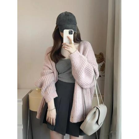 FA45386# 针织衫毛衣女秋冬年新款慵懒风宽松长袖开衫上衣外套+百褶裙套装 服裝批發女裝批發服飾貨源