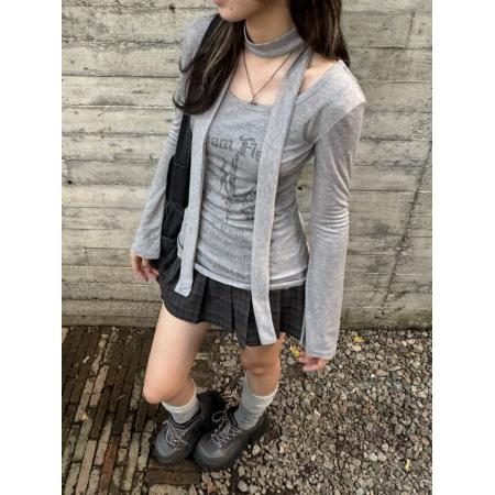 FA45388# 灰色飘带长袖t恤女秋季新款辣妹设计感创意字母印花修身显瘦上衣 服裝批發女裝批發服飾貨源