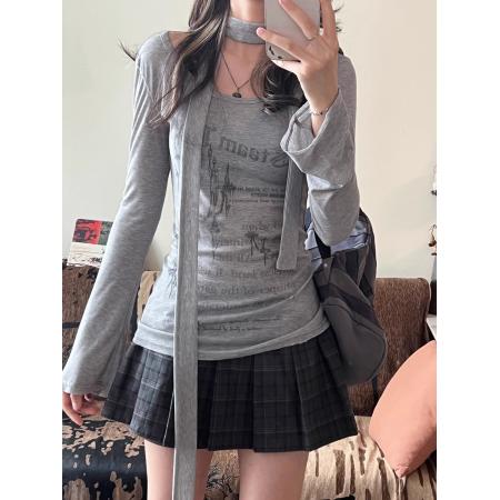 FA45388# 灰色飘带长袖t恤女秋季新款辣妹设计感创意字母印花修身显瘦上衣 服裝批發女裝批發服飾貨源