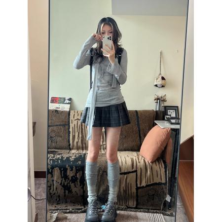 FA45388# 灰色飘带长袖t恤女秋季新款辣妹设计感创意字母印花修身显瘦上衣 服裝批發女裝批發服飾貨源