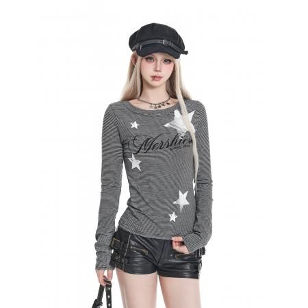 FA45389# 灰条纹长袖T恤女秋季新款字母星星创意印花辣妹修身显瘦百搭上衣 服裝批發女裝批發服飾貨源