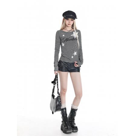 FA45389# 灰条纹长袖T恤女秋季新款字母星星创意印花辣妹修身显瘦百搭上衣 服裝批發女裝批發服飾貨源