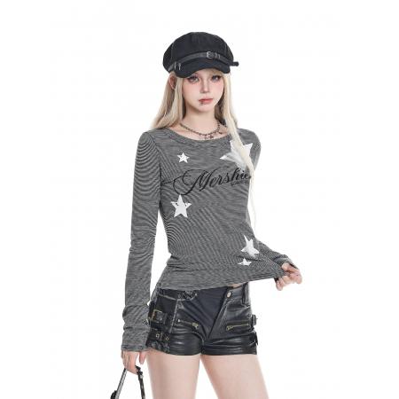 FA45389# 灰条纹长袖T恤女秋季新款字母星星创意印花辣妹修身显瘦百搭上衣 服裝批發女裝批發服飾貨源