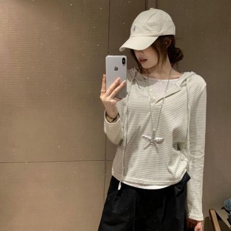 FA45391# 百搭假两件条纹连帽T恤女秋慵懒风宽松显瘦长袖上衣 服裝批發女裝批發服飾貨源