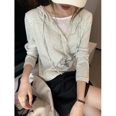 FA45391# 百搭假两件条纹连帽T恤女秋慵懒风宽松显瘦长袖上衣 服裝批發女裝批發服飾貨源