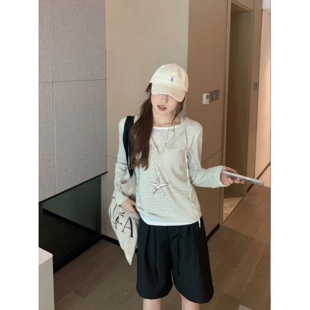 FA45391# 百搭假两件条纹连帽T恤女秋慵懒风宽松显瘦长袖上衣 服裝批發女裝批發服飾貨源