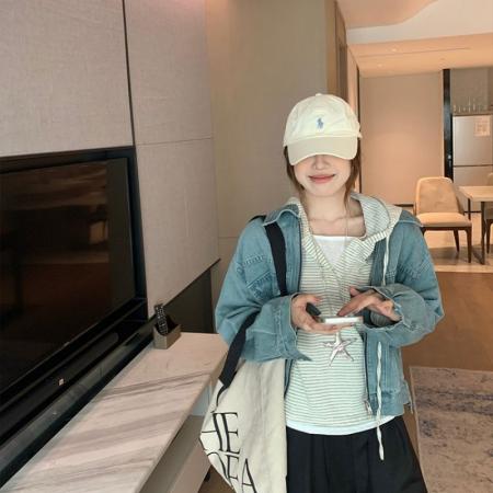 FA45391# 百搭假两件条纹连帽T恤女秋慵懒风宽松显瘦长袖上衣 服裝批發女裝批發服飾貨源