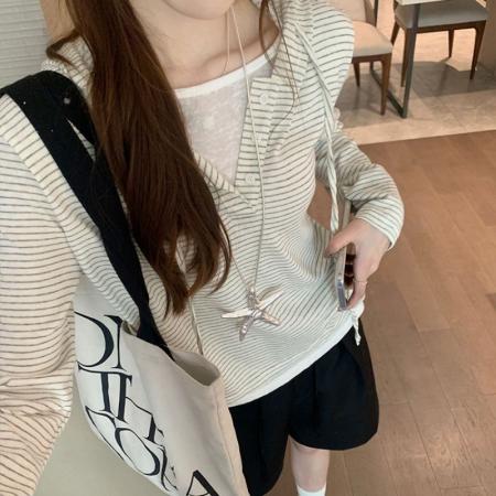 FA45391# 百搭假两件条纹连帽T恤女秋慵懒风宽松显瘦长袖上衣 服裝批發女裝批發服飾貨源