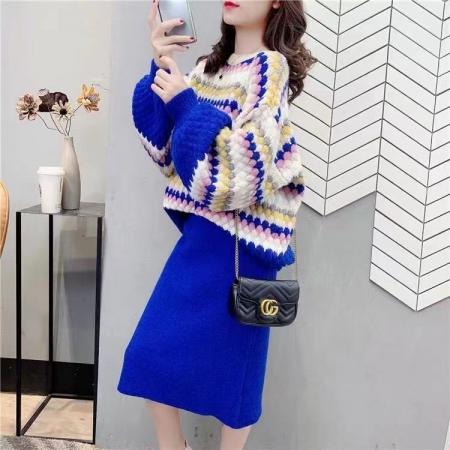 FA45394# 秋冬季轻熟风针织职业套装裙子新款女气质洋气显瘦毛衣两件 服裝批發女裝批發服飾貨源